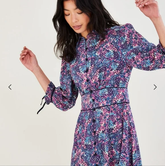 Moonsoon Print Floral Dress with Collar Purple - Picture 2 of 8